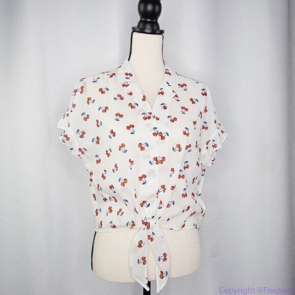 NWT kate spade Cherry toss tie-front top, French cream, all cotton - Picture 4 of 10